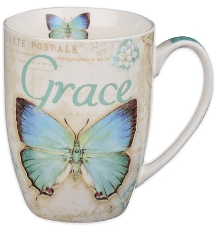 Christian Art Gifts Botanic Blue Butterfly Ceramic Coffee Mug | Inspirational Coffee Cup for Women 12 oz. Microwave and Dishwasher Safe Coffee Mug with Bible Verse: Grace - Eph. 2:8