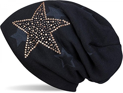styleBREAKER warme Feinstrick Beanie Mütze mit All Over Stern Muster, Strass Stern und sehr weichem Fleece Innenfutter, Unisex 04024084, Farbe:Midnight-Blue/Dunkelblau