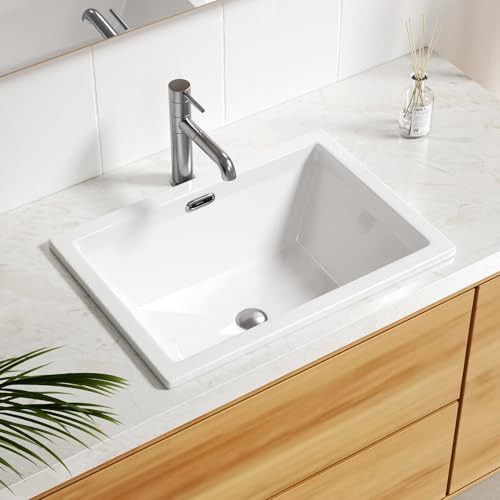 Enbol 20.6 x 14.5 Drop in Bathroom Sink Rectangule Vessel Sink Self-rimming Top Mount Bathroom Sink White Ceramic Lavatory Vanity with Overflow O2014-1