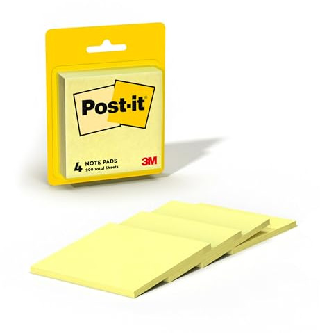 Post-it Notes, 3 in x 3 in, 4 Sticky Notes Pads, 50 Sheets per Pad, The Iconic Canary Yellow Note, School Supplies and Oﬃce Products