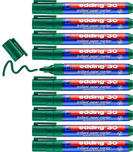 edding 30 Brillant-Papiermarker - grün - 10 Permanent Marker wasserfest - Rundspitze 1,5-3 mm - leuchtende Farben - lichtbeständige Markierung auf Papier, Karton, Kunststoff, Metall oder Glas
