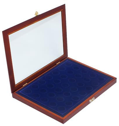 SAFE 5849 Echt Holz Münzkasette für 27 Stk 5 DM Gedenkmünzen 1953-1986 oder 10 Euro Luft Münzen | Münzkassette mit 27 x runde Fächer bis ca. 30 mm | Abmessungen : 375x260x30 mm