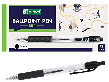 D.RECT 294 Kugelschreiber mit ergonomischer gummierte Griff für Büro und Haushalt Strichstärke 0,7mm 12 Stück Schwarz