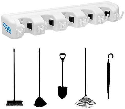 Kare & Kind Broom Holder - Wall Mount Tool Organizer Rack - 5 Slots with Automatic Handle Grips - Perfect for Brooms, Mops, Dusters, Rakes, Shovels, etc. - 6 Foldable Hooks for Smaller Tools/Cloths