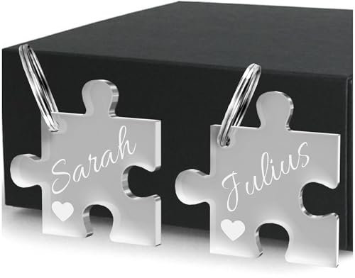 CHRISCK design 2 Partner Schlüsselanhänger Puzzle mit deiner persönlichen Gravur - Spruch oder Namen aus Acrylglas - schöne Geschenkidee zum Jahrestag für Paare oder Geschenk für Freund & Freundin