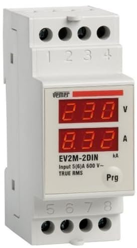 VEMER VE149100 EV2M-2DIN - Multimetro Digitale Monofase (Amperometro e Voltmetro) per Visualizzazione di Corrente e Tensione, Alimentazione 230V, Installazione su Barra DIN, Bianco