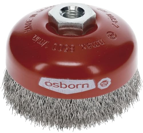 Osborn Topfbürste für Winkelschleifer 180 mm, Durchmesser 100 mm, Gewinde M 14 x 2, gewellter Stahldraht 0,30 mm TÜV geprüft, rot, 2613164