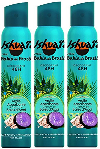 Ushuaïa - Déodorant Femme Atomiseur Bahia Do Brasil Argile Absorbante & Parfum Baie d'Açaï Efficacité 48h - 200 ml - Lot de 3