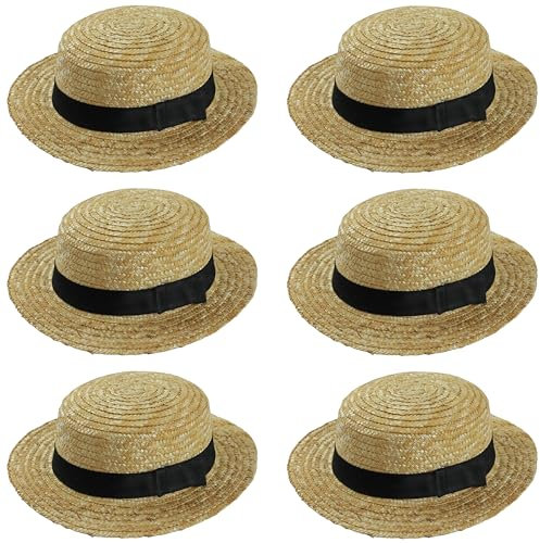 6 X STRAW BOATER HATS FANCY DRESS ACCESSORY HAT WITH BLACK BAND & BOW BARBER SHOP SCHOOL GIRL EASTER BONNET ST TRINIANS BULK