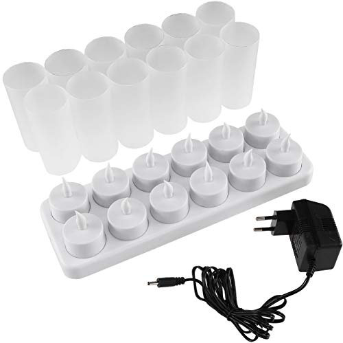 ChiliTec LED Kerze Batterie Teelichter im Glas 12 Stück mit Windschutz Aufladbar Kerzen Akku Ladestation Netzteil Tisch Deko für Party Hochzeit Weihnachten