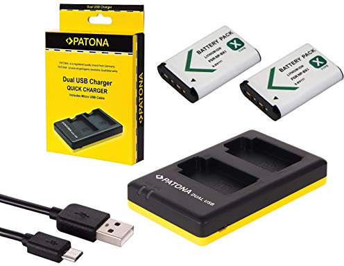 3in1-SET Ladegerät + 2 Akkus für die Sony RX100 I II III IV V VI Digitalkamera - kompatibel mit Sony Akku NP-BX1 - Dual Ladegerät (lädt 2 Akkus gleichzeitig)
