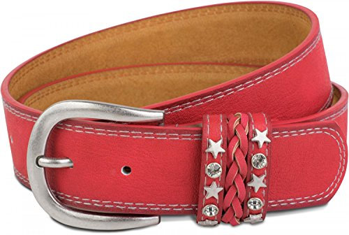 styleBREAKER Gürtel im Vintage Look mit Schmuckband an der Schließe, Ziehrnähte, Nieten, Strass, kürzbar, Unisex 03010062, Farbe:Rot, Größe:80cm
