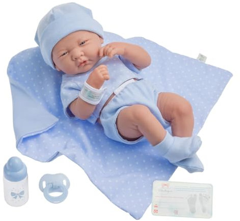JC Toys - mod. 102-18540 – Bambolotto neonato, con corpo in gomma ed abito blu a pois, lunghezza: 36 cm