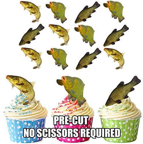 AK Giftshop PRE-CUT Fishing Tench - Edible Cupcake Toppers/Cake Decorations (Pack of 12)
