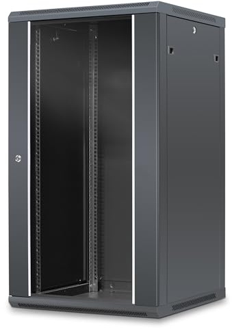 WAYTEX 37415M Coffret Armoire Réseau 19 Pouces 22U – L 600 x P 600 x H 1082mm – Mural ou posé sur Pieds Fournis - Porte vitrée à Serrure - Couleur Noir – Livré Monte