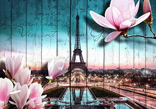 wandmotiv24 Fototapete Holz Blüten Paris Eiffelturm, L 300 x 210 cm - 6 Teile, Wanddeko, Wandbild, Wandtapete, Abstrakt, Blumen, Wand M0543