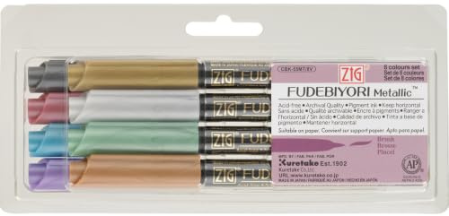 Kuretake Zig Fudebiyori Metallic Water-Based Pigment Pen - Set of 8, Brush Tip
