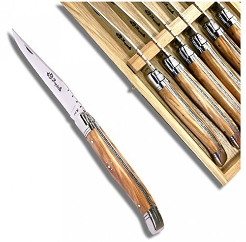Cuchillo Carne Laguiole de mesa mango de madera de olivo – 6 piezas en caja de roble barnizado