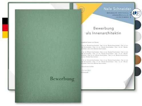 5 Stück 2-teilige Bewerbungsmappen Esclusiva® Classic-plus in Smaragdgrün mit 1 Klemmschiene // in 1A-Premium-Qualität mit hochwertiger Flach-Prägung „BEWERBUNG“ // Produkt-Design von Mario Lemani