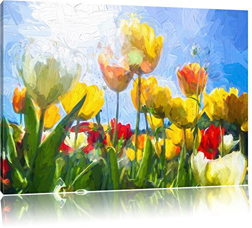 Tulpen Pinsel Effekt, Format: 60x40 auf Leinwand, XXL riesige Bilder fertig gerahmt mit Keilrahmen, Kunstdruck auf Wandbild mit Rahmen, günstiger als Gemälde oder Ölbild, kein Poster oder Plakat
