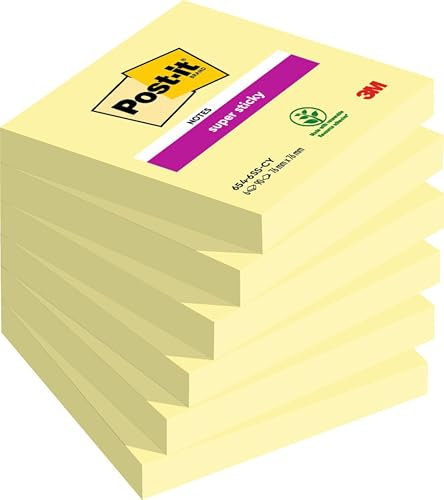 Post-it Super Sticky Notes, Double The Sticking Power, 6 Pads, 540 Sheets, 76 mm x 76 mm, Canary Yellow - Self-Sticking Notes for Walls, Monitors and Fridge