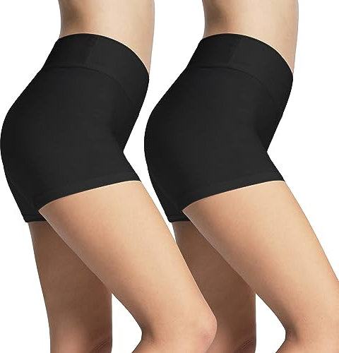 iloveSIA Damen High-Waist 3 Sportshorts 2er Pack Weiche Atmungsaktive Baumwolle für Yoga Radfahren Workout Freizeit Hotpants Größen Schwarz S