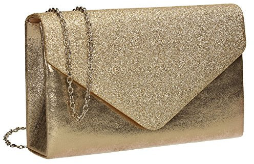 Swanky Swans Women's Kelly Glitter Envelope Clutch Bag Party Prom Bag Clutch Gold (Champagne) ,5x12.5x22 cm (W x H x L)