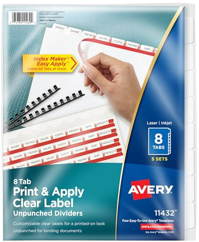 Avery 8 Tab Unpunched Dividers for Use with Any Binding System, Easy Print & Apply Clear Label Strip, Index Maker Customizable White Tabs, 5 Sets (11432)