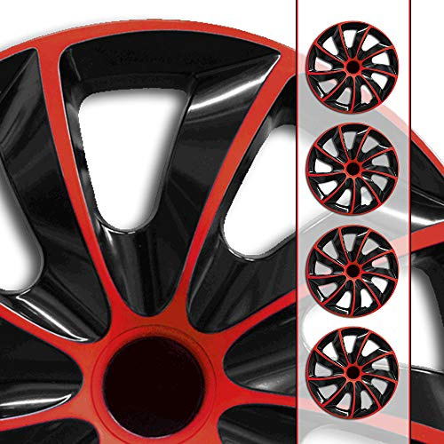 (Farbe und Größe wählbar!) 15 Zoll Radkappen Quad (Schwarz-Rot) passend für Fast alle Fahrzeugtypen (universell)