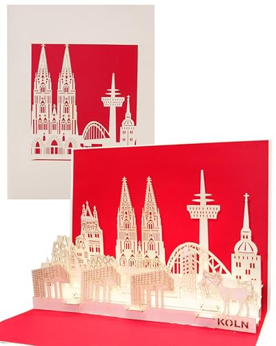 Pop Up Karte Kölner Skyline 3D Köln Panorama Geburtstagskarte, Einladungskarte & Gutscheinkarte – als Reisegutschein, Einladung & Geschenkgutschein mit 3D Modell Kölner Dom aus Papier