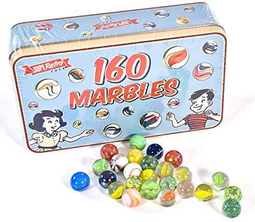 KandyToys SupeRetro 160 Piece Classic Glass Marbles Age 3+ in a Vintage Storage Display Tin | Novelty Kids Toys | Marbles For Kids