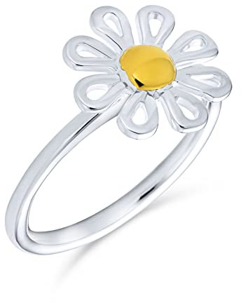 Bling Jewelry Zarter winziger zweifarbiger Blumen-Gänseblümchen-Ring für Teenager, für Frauen, dünnes 1MM-Band, 14K vergoldet, .925 Sterlingsilber