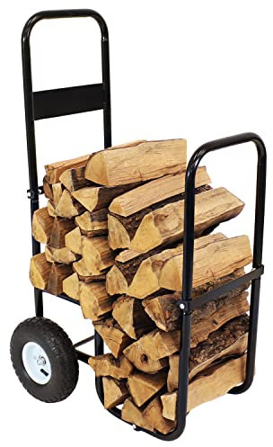 Sunnydaze Outdoor Firewood Carrier Cart with Pneumatic Tires - Black Steel Rolling Trolley Cart For Log Storage