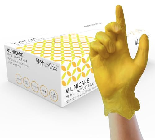 UNIGLOVES Unicare GS0102 - Guantes desechables de vinilo, multiusos, sin polvo ni látex, caja de 100 guantes, color amarillo, pequeño