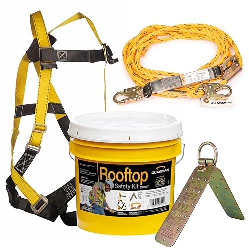 Guardian 00815 Rooftop Safety Kit - 50 ft Vertical Lifeline Assembly | Reusable Temper Anchor | Full Body Harness | Yellow Storage Bucket