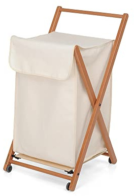 Foppapedretti Laundry Hamper Basket, Walnut, 50 L, Removable Cotton Bag, Wheels
