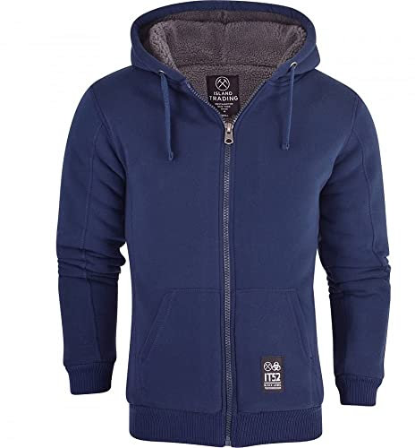 Island Trading Mens Cotton Padded Borg Fleece Sherpa Lined Full Zip Up Hoodie Sweatshirt Jacket Large Navy Blue