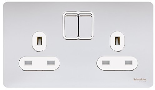 Schneider Electric Ultimate Screwless Flat Plate - Switched Double Power Socket, Double Pole, 13A, GU3420DWPC, Polished Chrome with White Insert