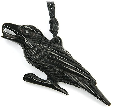Drachensilber Rabe Schmuck Anhänger aus Horn Ketten-Anhänger geschnitzt, inkl. schwarzem Textilband, 3cm lang, 6cm breit