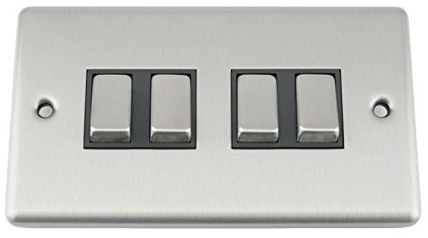 A5 Light Switch - Quad 4 Gang 2 Way - Satin Brushed Chrome - Classic Style Black Insert Metal Rocker Switch