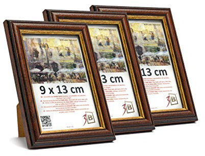 3-B Bilderrahmen ARCO RUSTIKAL - 3-Pack - Dunkel Braun/Gold - 9x13 cm - Holzrahmen, Fotorahmen, Portraitrahmen mit Acrylglas