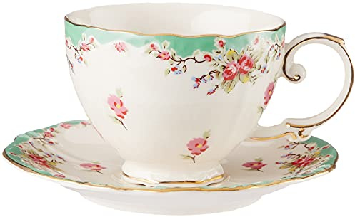 Gracie China - Taza de té y platillo de porcelana verde vintage de 7 onzas con borde dorado, juego de 4