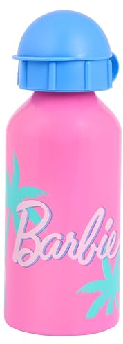 Barbie Kids Water Bottle, Pink with Palm Tree Design, 400ml Single Wall Aluminium, Blue Flip Top Lid with Sipper