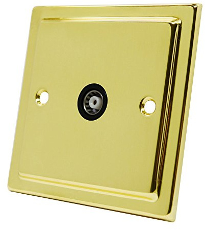 Victorian Polished Brass 1 Gang TV Socket Black Insert - Single 1-Gang Aerial Coaxial Female Socket