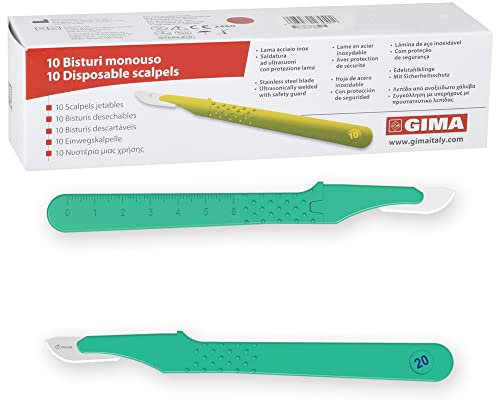 Gima - Bistouris en Acier Inoxydable, Manche en ABS, Stérile et Jetable, Premium, Protège-lame de sécurité, Taille n. 20, 10 scalpels emballés individuellement.