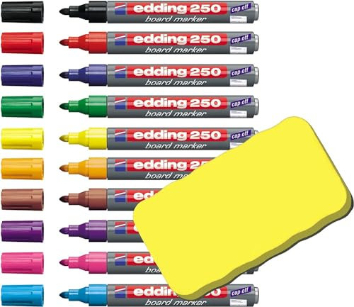 Edding 250 Whiteboard Marker mit Rundspitze, 1,5 - 3mm, geruchsarme Tinte (10 Farben sortiert + gelber Löscher)