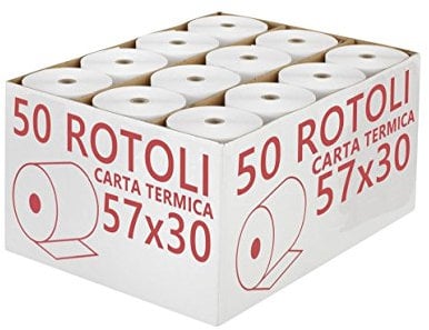 Confezione 50 Rotoli Termici mm 57x30 mt Omologati per Registratore di Cassa Carta Termica 1a Qualità