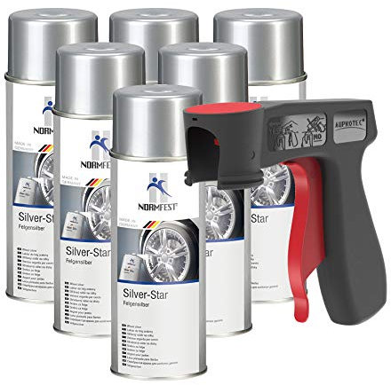 AUPROTEC Pistolengriff + Lackspray Silver Star Felgen Silber Spray Sprühlack Felgenlack Autolack 6x 400ml