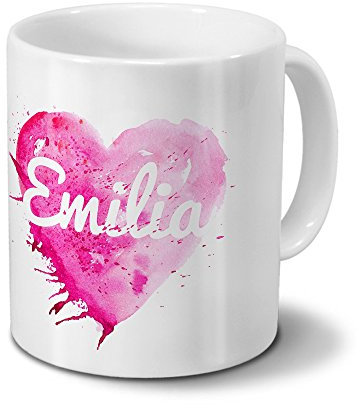 digital print Tasse mit Namen Emilia - Motiv Painted Heart - Namenstasse, Kaffeebecher, Mug, Becher, Kaffeetasse - Farbe Weiß