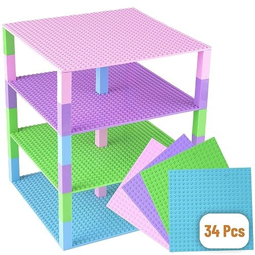 Premium Pastel Blue, Green, Pink, and Purple Stackable Base Plate Tower - 4 Pack 25x25 cm Baseplates with 30 5cmx5cm Stackers | Compatible with LEGO Blocks, Compatible with LEGO Base Plates
